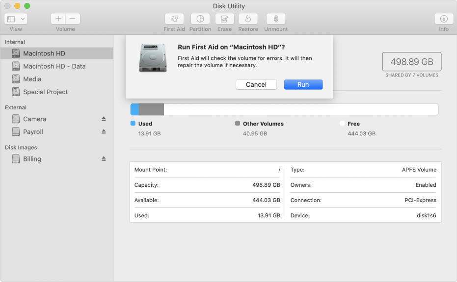 The First Aid dialog in the Disk Utility toolbar.