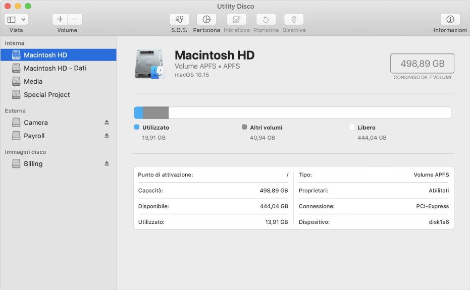 Volume APFS selezionato nella barra laterale, con informazioni sul volume.