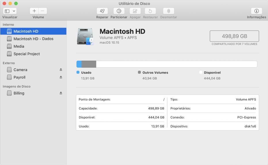 A janela do Utilitário de Disco, mostrando um volume APFS em um disco interno, um volume em um disco externo e uma imagem de disco.