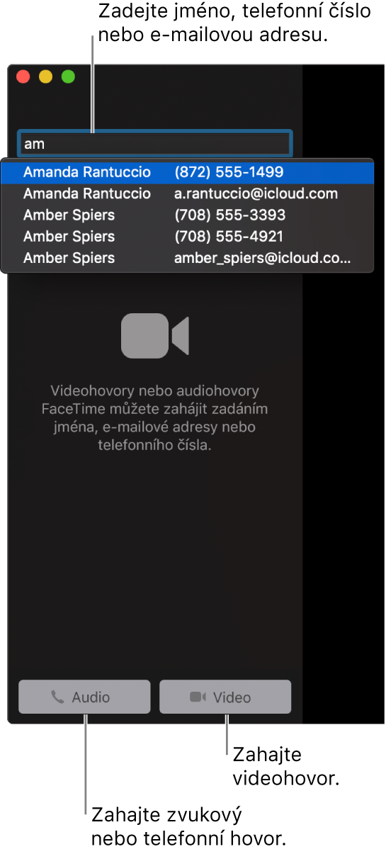 Na panel hledání zadejte jméno, telefonní číslo nebo e-mailovou adresu. Chcete‑li zahájit videohovor FaceTime, klikněte na tlačítko Video Chcete-li zahájit audiohovor nebo telefonní hovor FaceTime, klikněte na tlačítko Audio