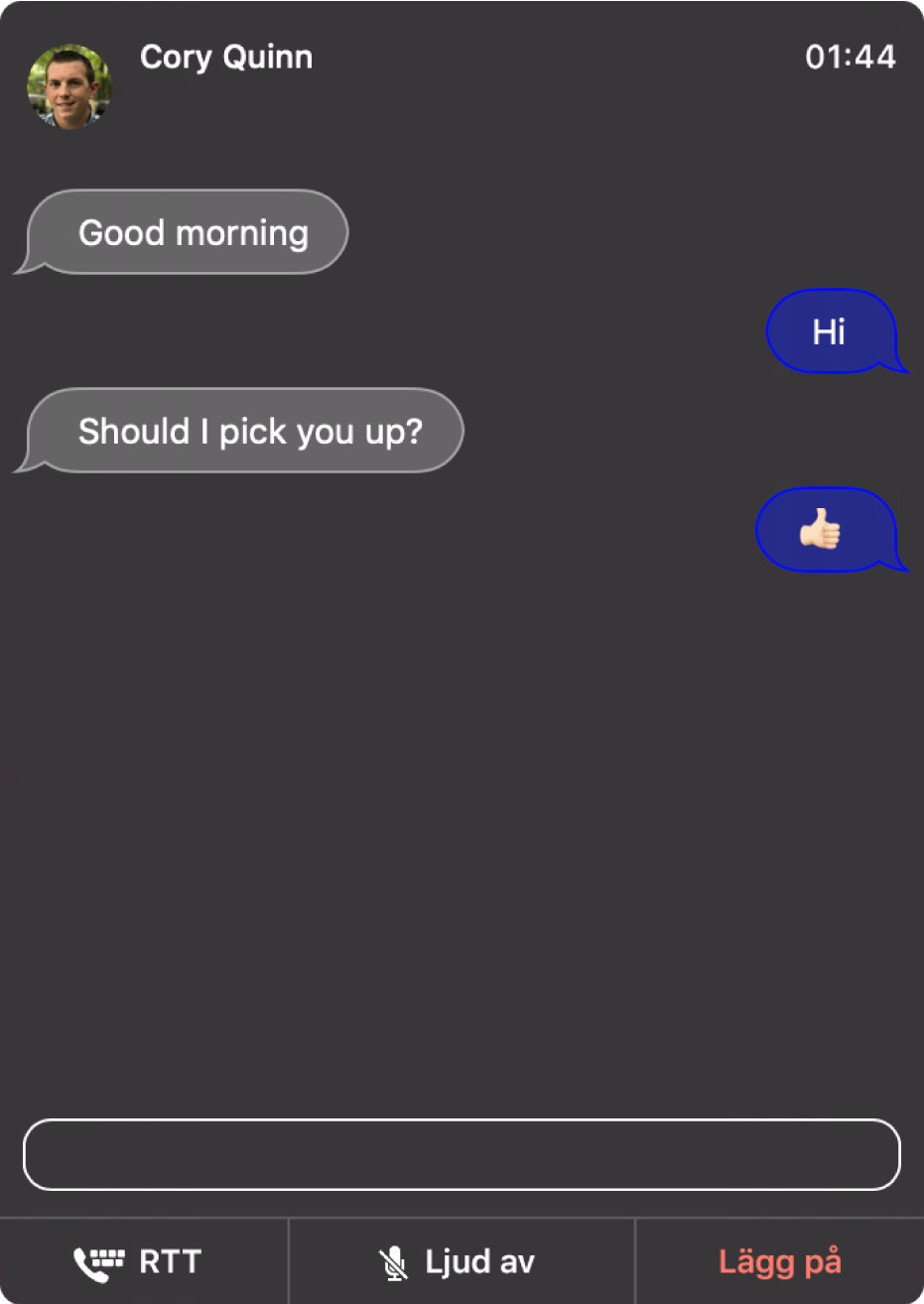 Ett RTT-fönster med en konversation mellan två personer.