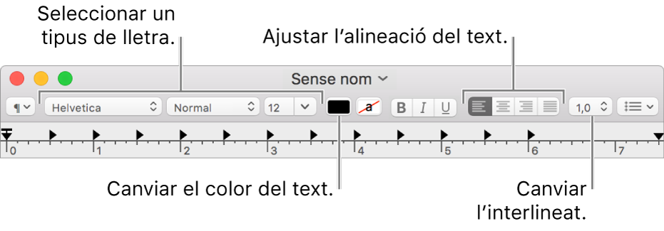 Barra d’eines del TextEdit per a un document de text enriquit, on es mostren el tipus de lletra i els controls d’alineació i d’espaiat del text.