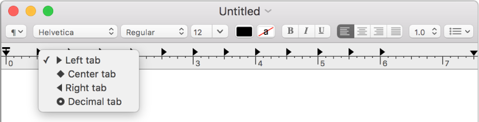 The ruler showing the tab stop options.