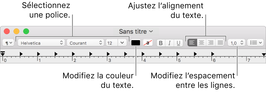 Barre d’outils de TextEdit pour un document RTF, présentant les commandes de police, d’alignement et d’espacement du texte.