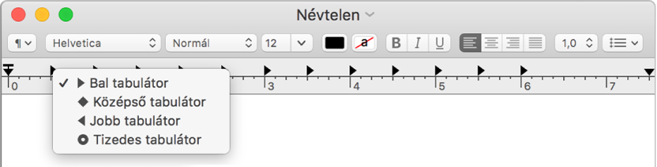 A vonalzó a tabulátorhelyekkel.