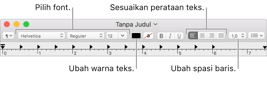 Bar alat TextEdit untuk dokumen teks kaya, menampilkan font dan perataan teks serta kontrol spasi.