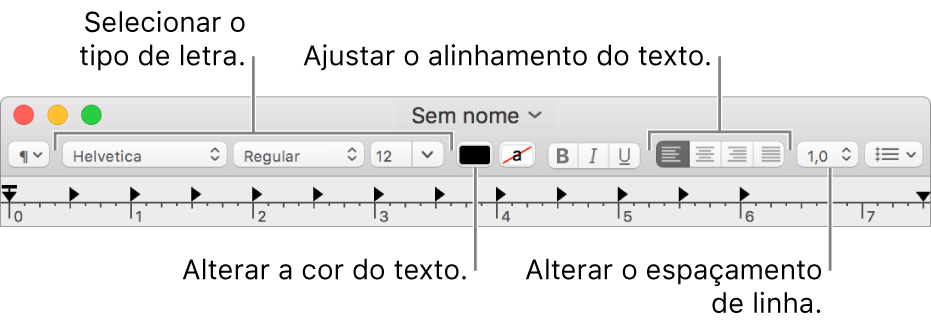 A barra de ferramentas do Editor de Texto de um documento de texto formatado, a mostrar o tipo de letra e os controlos de alinhamento e espaçamento de texto.