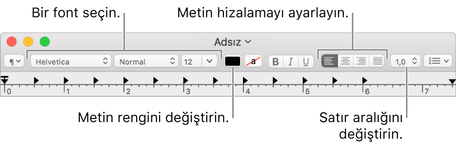 Font ve metin hizalamasını ve aralık denetimlerini gösteren zengin metin belgesinin TextEdit araç çubuğu.