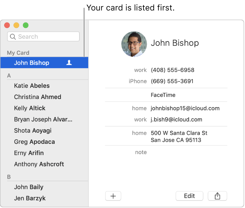 The Contacts sidebar showing the “me” card listed at the top.