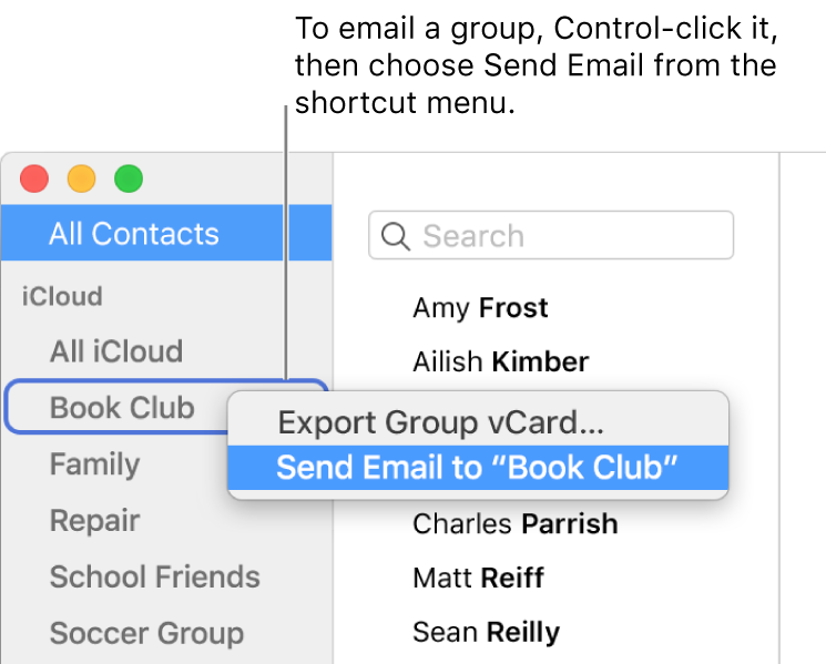 The Contacts sidebar showing the pop-up menu with the command for sending email to the group selected.