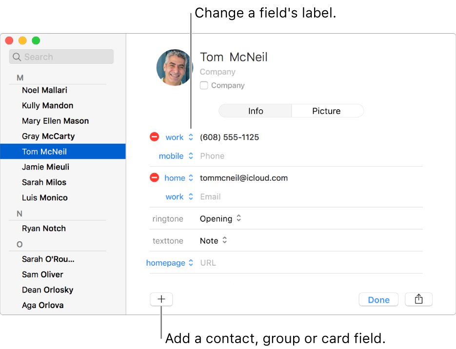 A contact card showing a field label that can be changed and the button at the bottom of the card for adding a contact, group or card field.