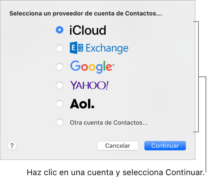 La ventana para agregar cuentas de Internet a la app Contactos.