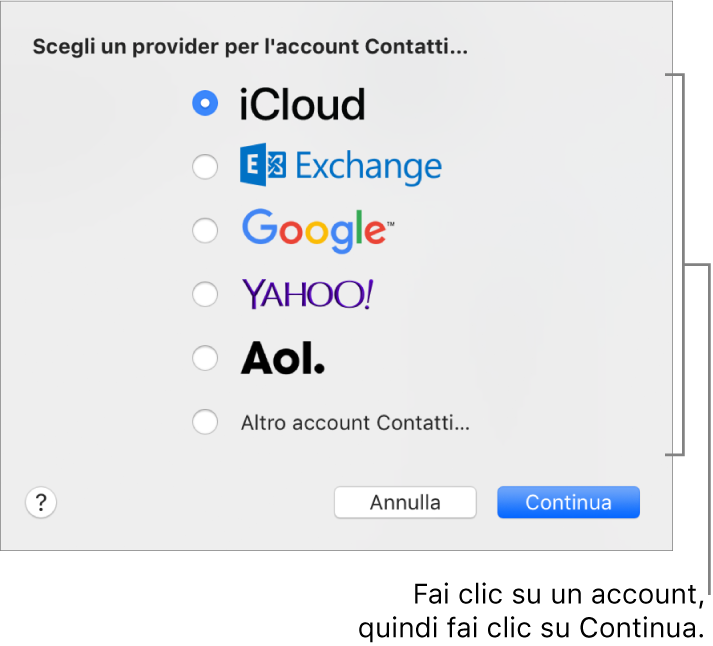 La finestra per aggiungere gli account Internet all'app Contatti.