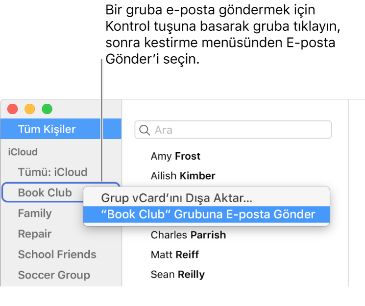 Seçili gruba e-posta gönderme komutunun olduğu açılır menünün gösterildiği Kişiler kenar çubuğu.