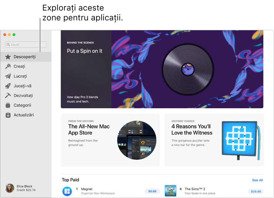 Pagina principală Mac App Store. Bara laterală din stânga include linkuri către alte pagini: Descoperiți, Creați, Lucrați, Jucați, Dezvoltați, Categorii și Actualizări. În partea dreaptă se află zone pe care puteți să faceți clic, inclusiv În culisele aplicațiilor, Din partea editorilor și Alegerea editorilor.