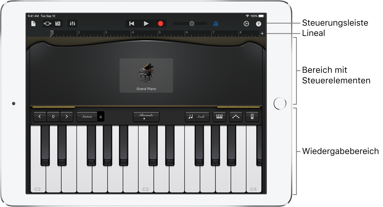 Touch Instrument mit Steuer- und Spielbereich