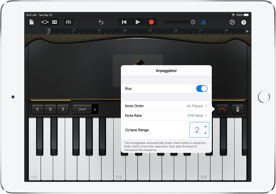 Arpeggiator-Steuerelemente des Keyboards