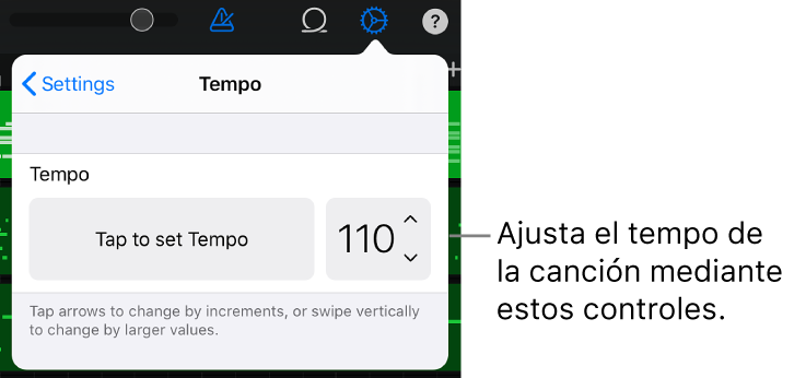 Configuración de la canción, incluidos los controles de tempo