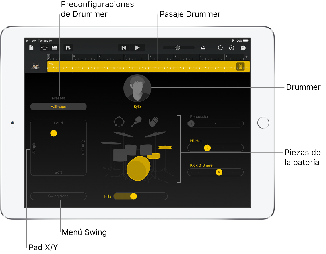 Drummer con áreas principales destacadas de la interfaz.