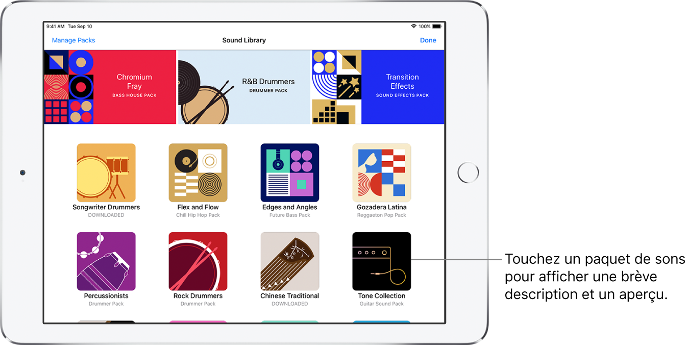 Touchez un paquet de sons pour afficher une brève description et un aperçu.