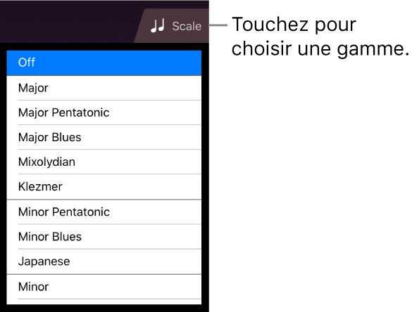 Bouton Gamme de cordes et liste de gammes