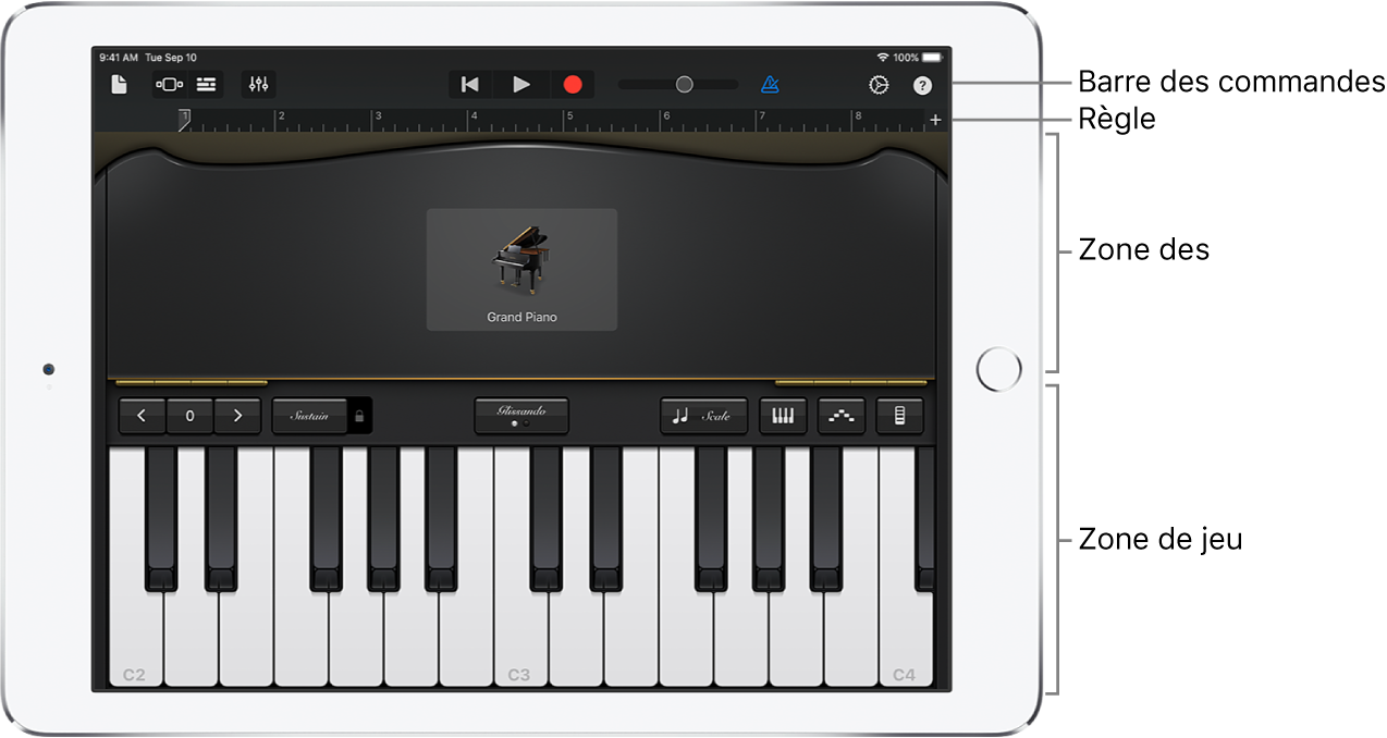 Instrument tactile avec les zones de commandes et de jeu