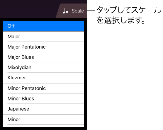 Stringsの「Scale」ボタンとスケールリスト