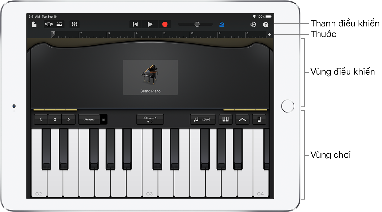 Nhạc cụ cảm ứng hiển thị các khu vực chơi và điều khiển