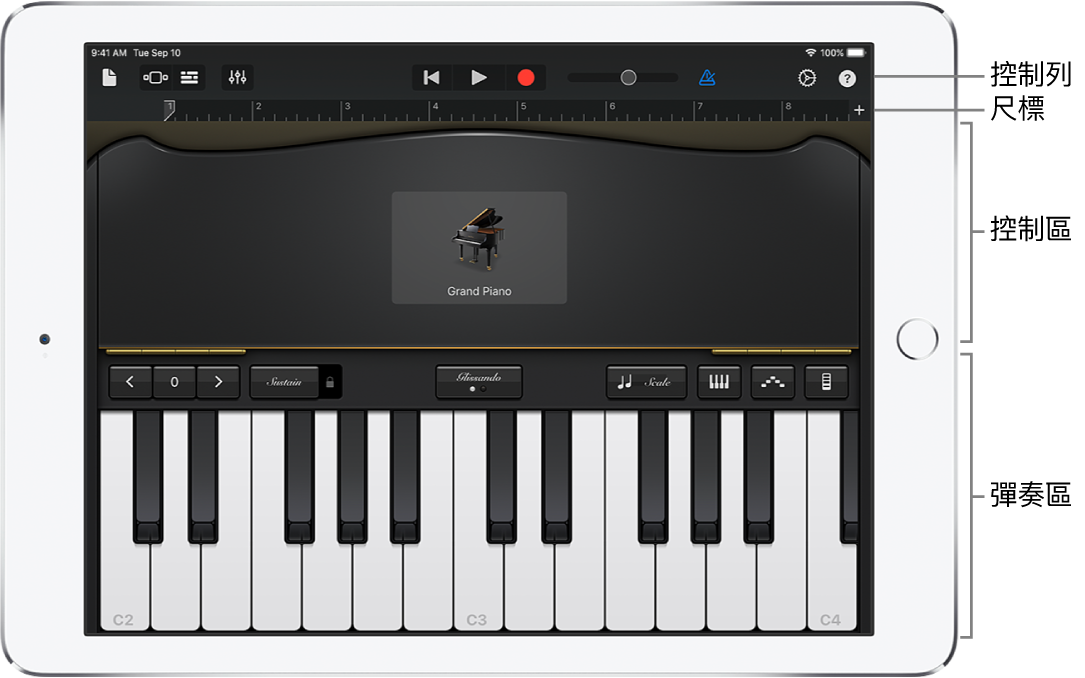 顯示控制和彈奏區域的「觸碰式樂器」