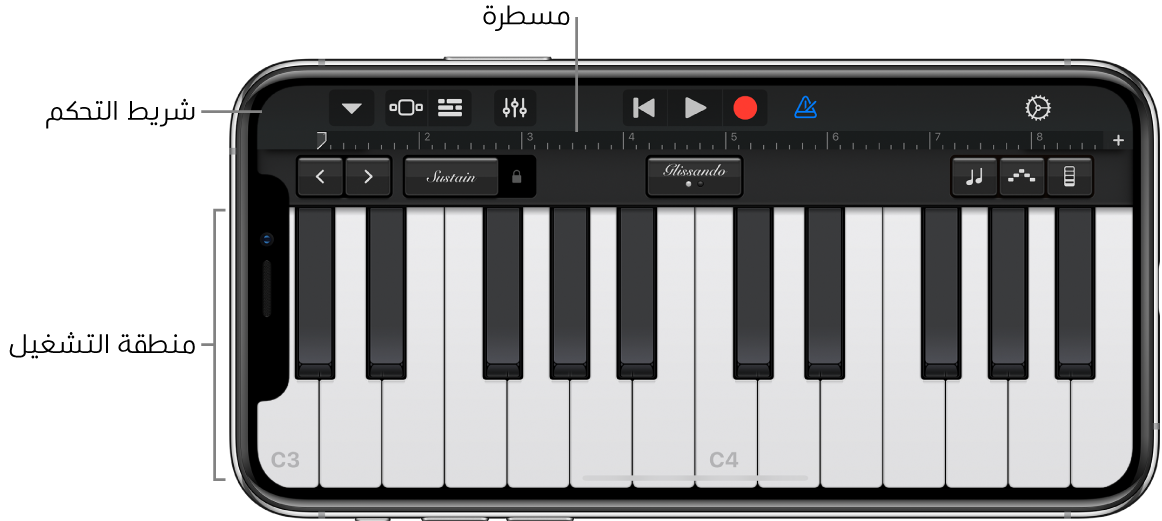 آلة موسيقية تعمل باللمس تعرض منطقة التشغيل