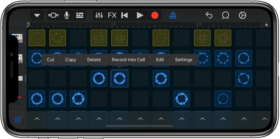 Figura. Tablatura Live Loops con la edición de celdas activada.