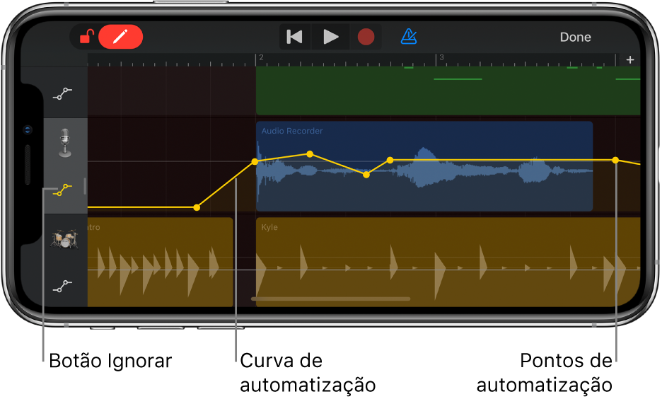 Figura. Automatização de faixas, com as curvas de automatização, pontos de automatização e o botão Ignorar.