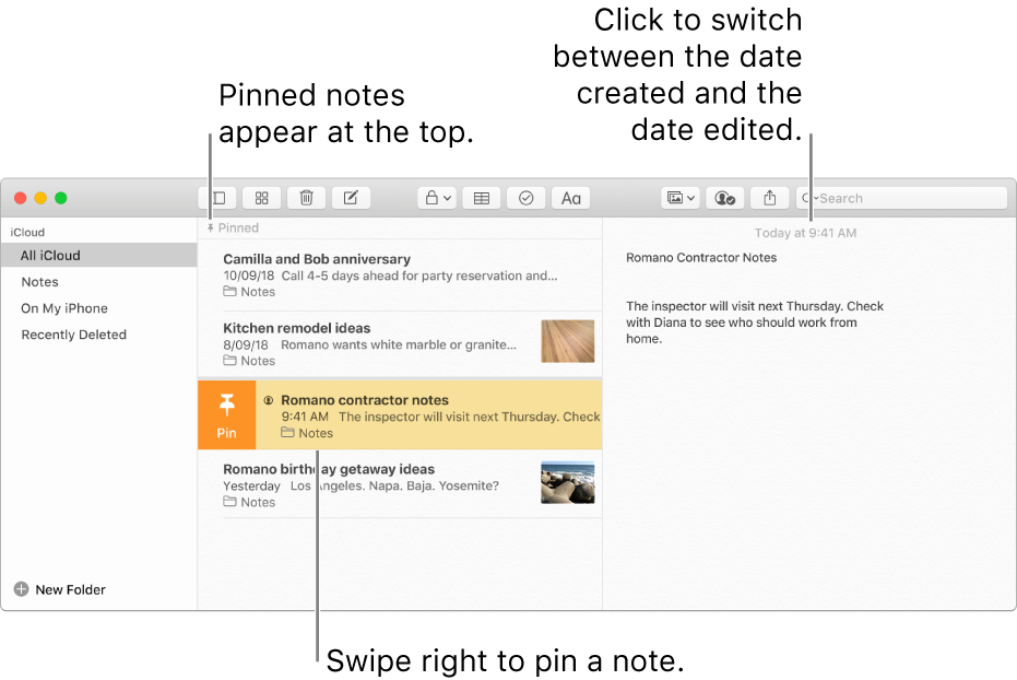The Notes window with the list of notes in the middle, pinned notes at the top of the notes list and the Pin button on one note. The content of that note appears on the right with the date at the top; click the date to switch between the date created and the date edited.
