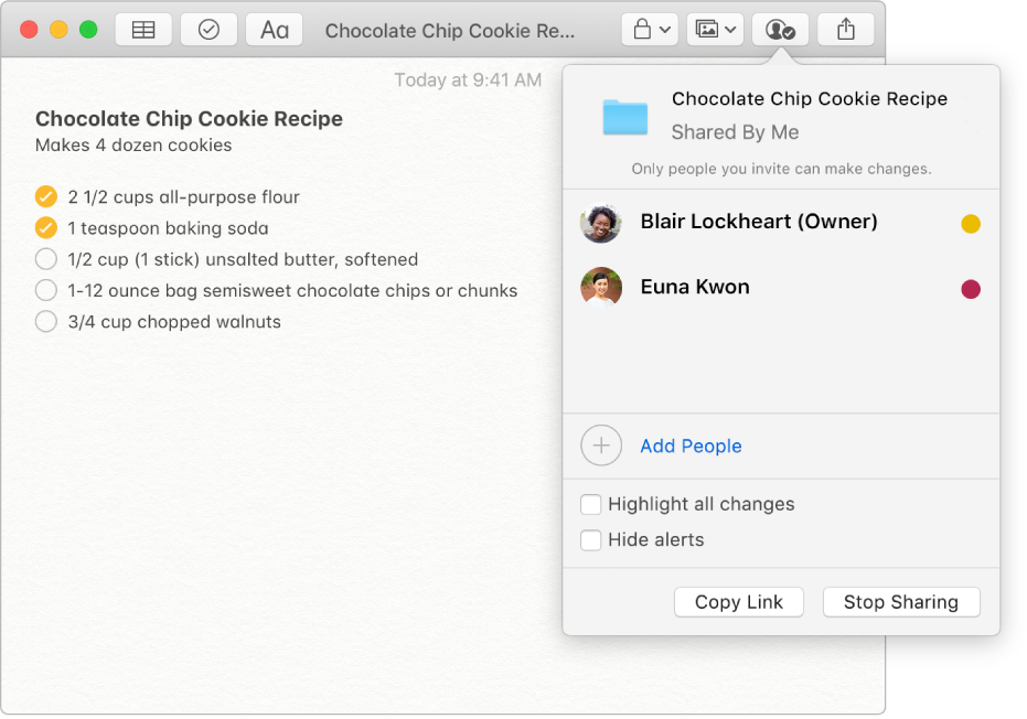 A note with a chocolate chip cookie recipe. When the View Participants button in the toolbar is clicked, you see the people who have been added to the note listed.