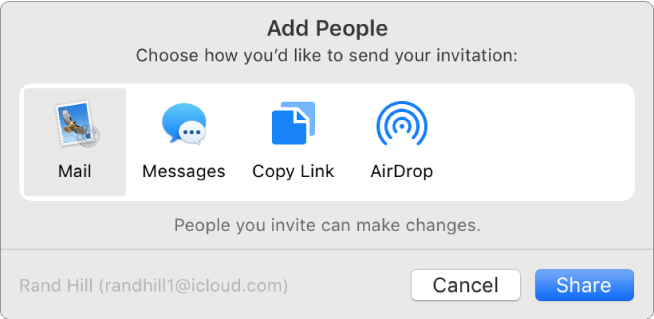 The Add People dialog, where you can choose how to send the invitation to add people to a note.