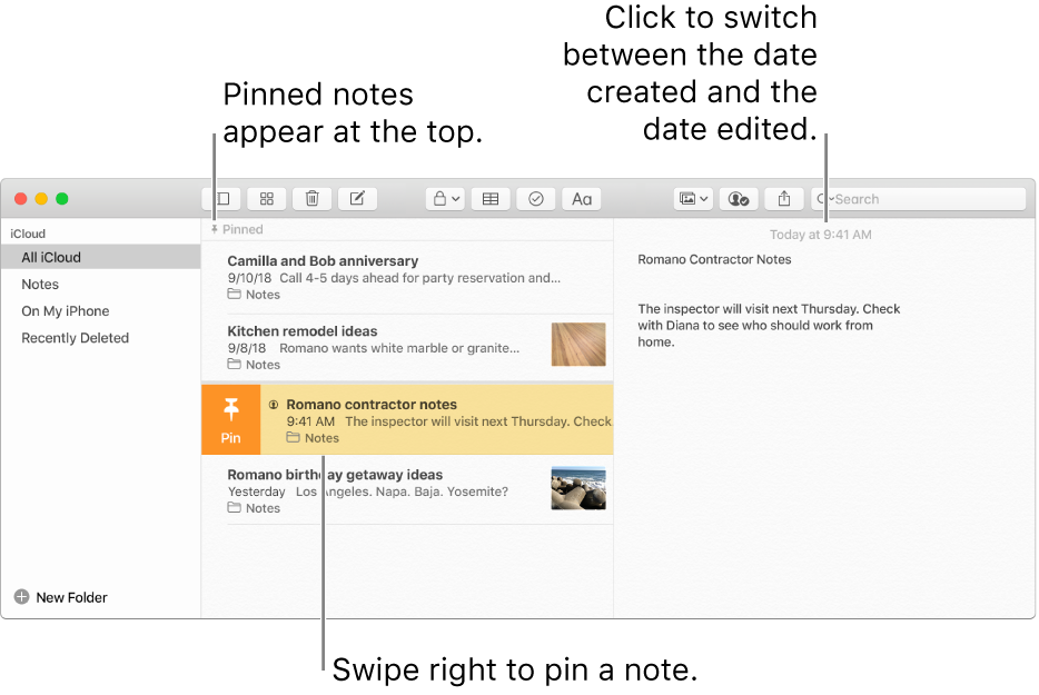 The Notes window with the list of notes in the middle, pinned notes at the top of the notes list, and the Pin button on one note. The content of that note appears on the right with the date at the top; click the date to switch between the date created and the date edited.