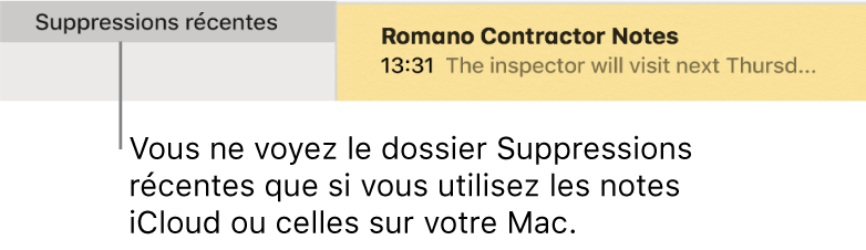 La fenêtre Notes avec le dossier Suppressions récentes dans la barre latérale et une note récemment supprimée. Le dossier Suppressions récentes s’affiche uniquement si vous utilisez des notes iCloud ou des notes stockées sur votre Mac.