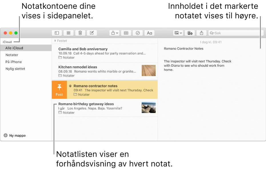 Notater-vinduet med alle konfigurerte kontoer i sidepanelet til venstre, notatlisten i midten som viser en forhåndsvisning av hvert notat, og innholdet i det markerte notatet til høyre.