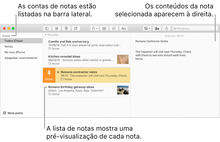 A janela da aplicação Notas com todas as suas contas configuradas listadas na barra lateral à esquerda, a lista de notas ao centro a mostrar uma pré‑visualização de cada nota e o conteúdo da nota selecionada apresentado à direita.