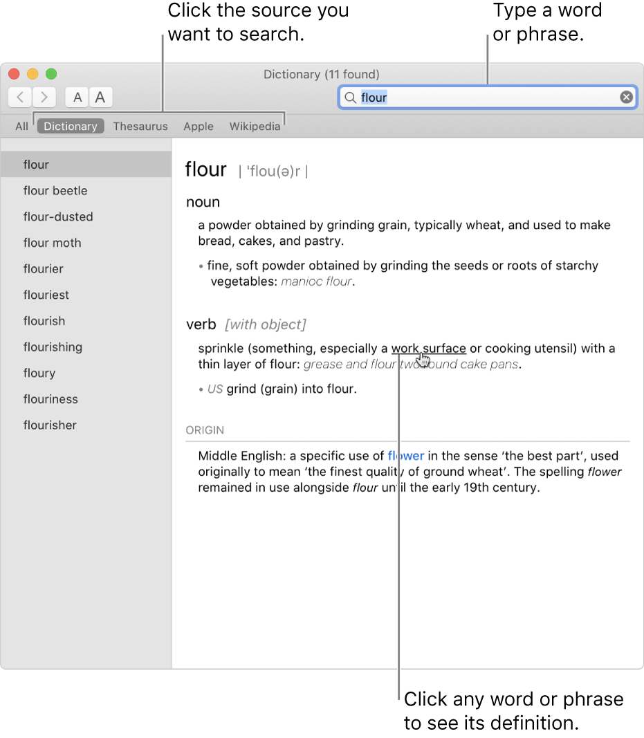 The full Dictionary window showing a definition. Click any word or phrase in the definition to see its definition. To select a source to search, click its name in the source bar, located below the toolbar. Type a word or phrase into the search field.