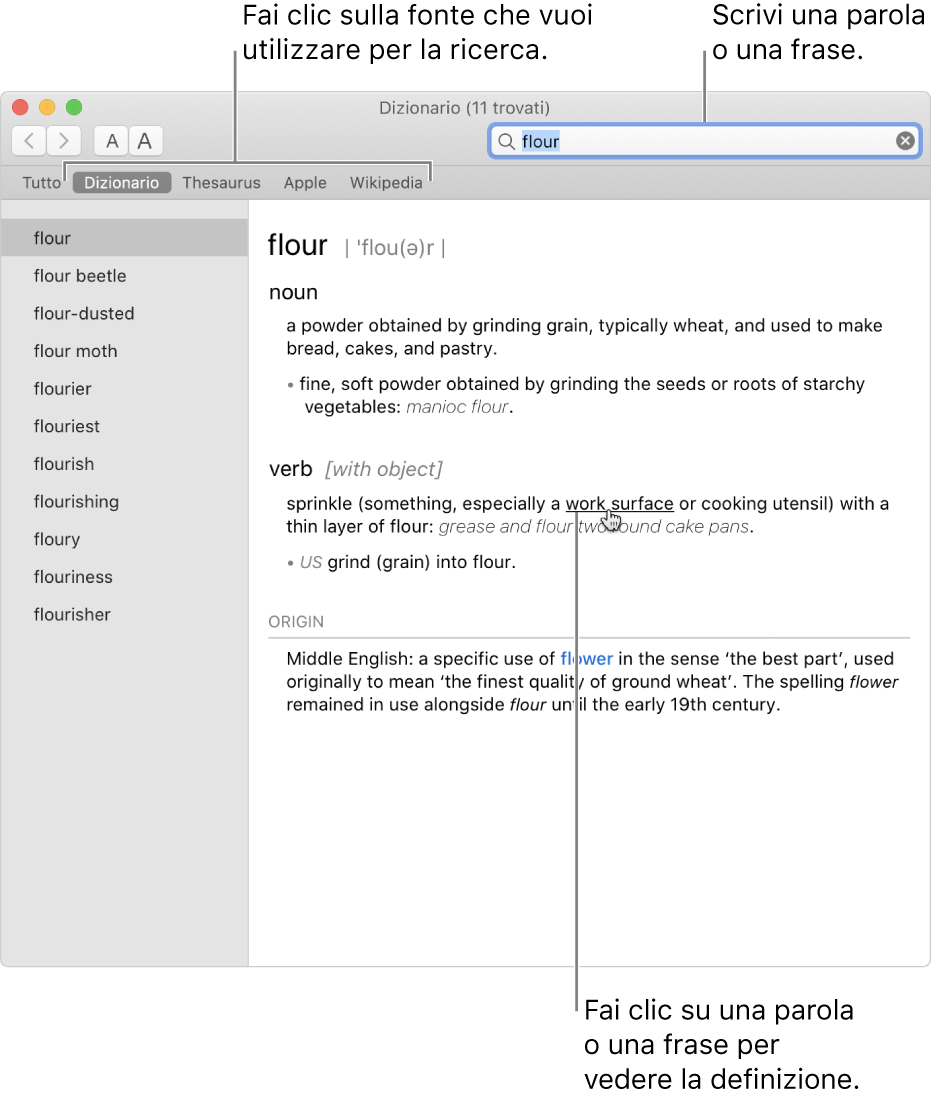 La finestra di Dizionario completa quando mostra una definizione. Fai clic su una parola o una frase qualsiasi all'interno della definizione per visualizzarne la definizione. Per selezionare una fonte in cui cercare, fai clic sul suo nome nella barra delle fonti, situata sotto la barra degli strumenti. Digita una parola o una frase nel campo di ricerca.