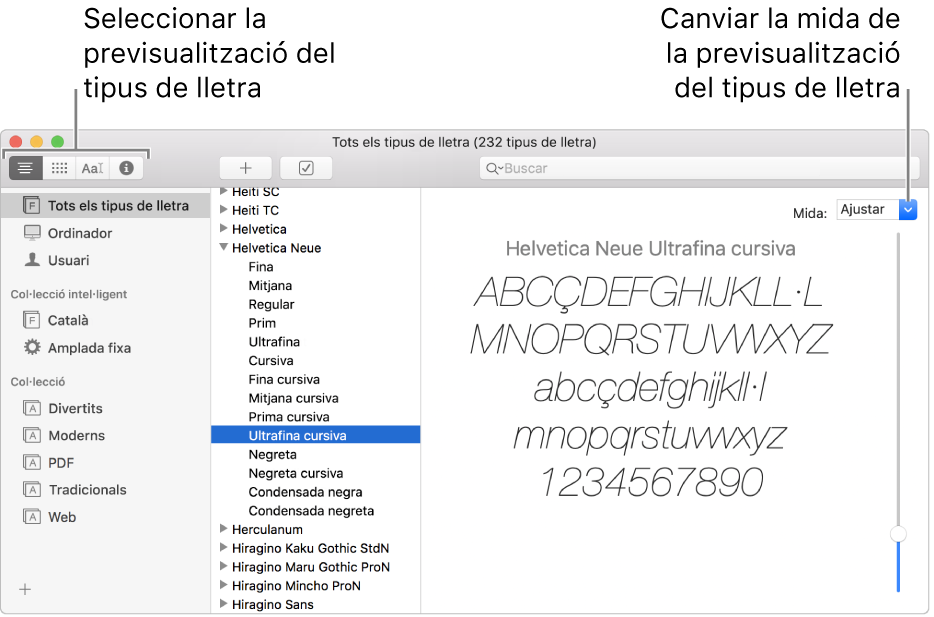 Finestra Catàleg Tipogràfic que mostra botons a la part superior esquerra per escollir el tipus de previsualització del tipus de lletra i un regulador vertical a l’extrem dret per canviar la mida de previsualització.