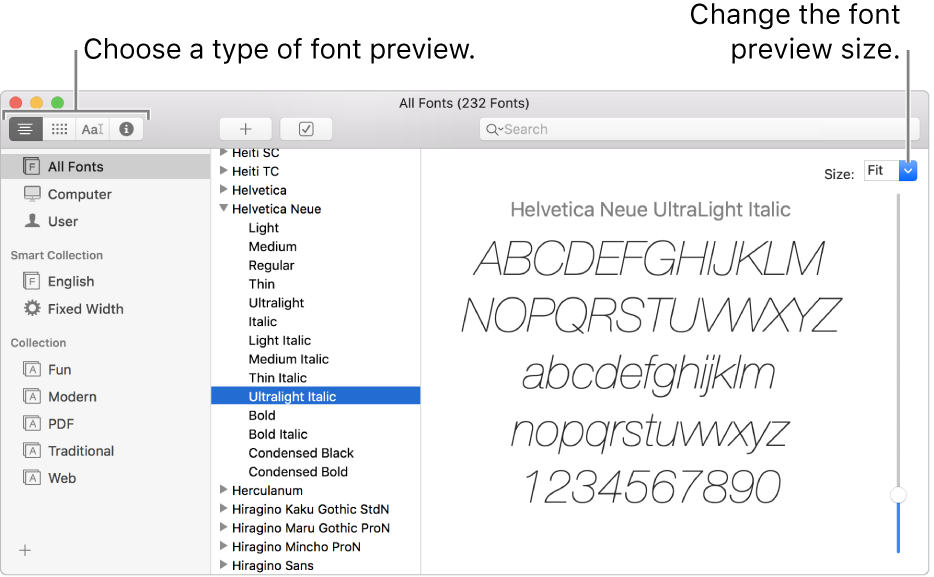 The Font Book window showing buttons in the top left for choosing the type of font preview, and a vertical slider at the far right for changing the preview size.