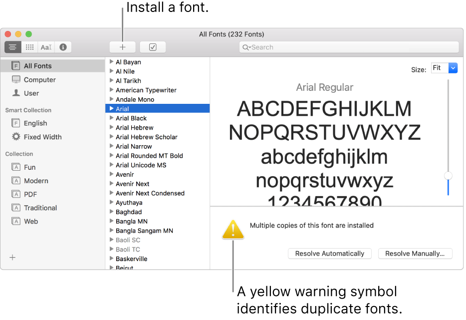 The Font Book window showing the Add button in the toolbar for adding a font and, in the lower-right corner, a yellow warning symbol identifying duplicate fonts.