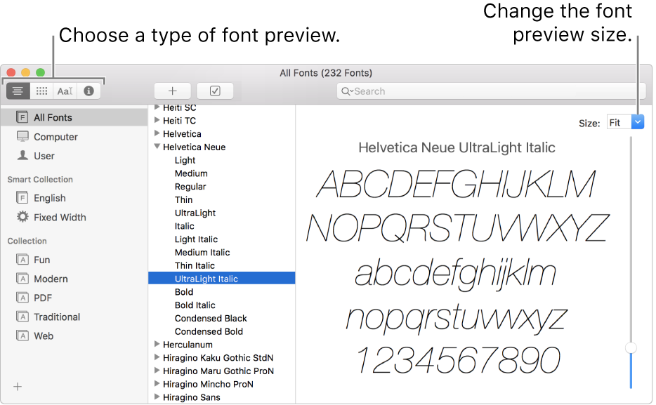 The Font Book window showing buttons in the top left for choosing the type of font preview, and a vertical slider at the far right for changing the preview size.