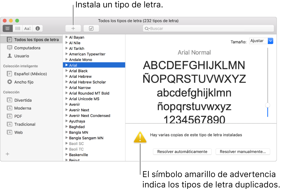 Ventana de Catálogo tipográfico mostrando el botón Agregar en la barra de herramientas para agregar un tipo de letra y, en la esquina inferior derecha, un símbolo amarillo de advertencia indicando que hay tipos de letra duplicados.