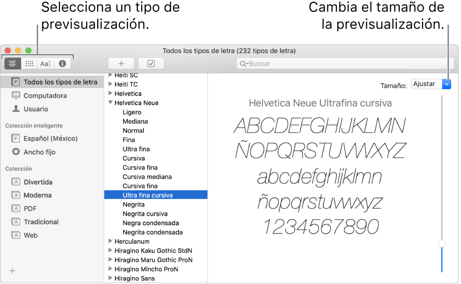 La ventana de Catálogo Tipográfico mostrando botones en la parte superior izquierda para elegir el tipo de vista previa de los tipos de letra, y un regulador vertical en la parte derecha para cambiar el tamaño de la vista previa.