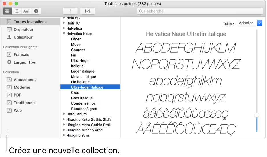 La fenêtre Livre des polices affichant le bouton Ajouter dans le coin inférieur gauche permettant de créer une nouvelle collection, une collection intelligente ou une bibliothèque.