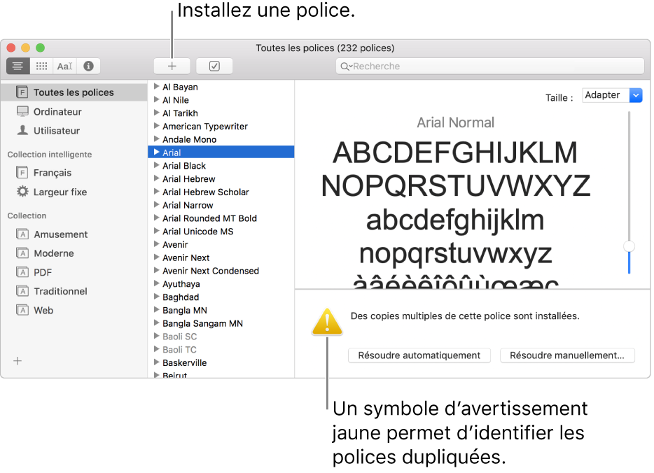 La fenêtre Livre des polices affichant le bouton Ajouter dans la barre d’outils pour l’ajout de polices et, dans le coin inférieur droit, un point d’exclamation jaune permettant d’identifier les doublons de police.