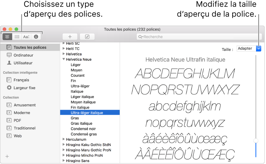 La fenêtre Livre des polices affichant des boutons dans le coin supérieur gauche pour choisir le type d’aperçu des polices et un curseur vertical à l’extrême droite pour changer la taille de l’aperçu.